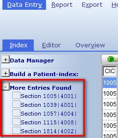 U start in het scherm Data Entry: Index: All cases (figuur 6, rode kaders) en ziet de al ingevoerde patiënten (het eerste blok) met