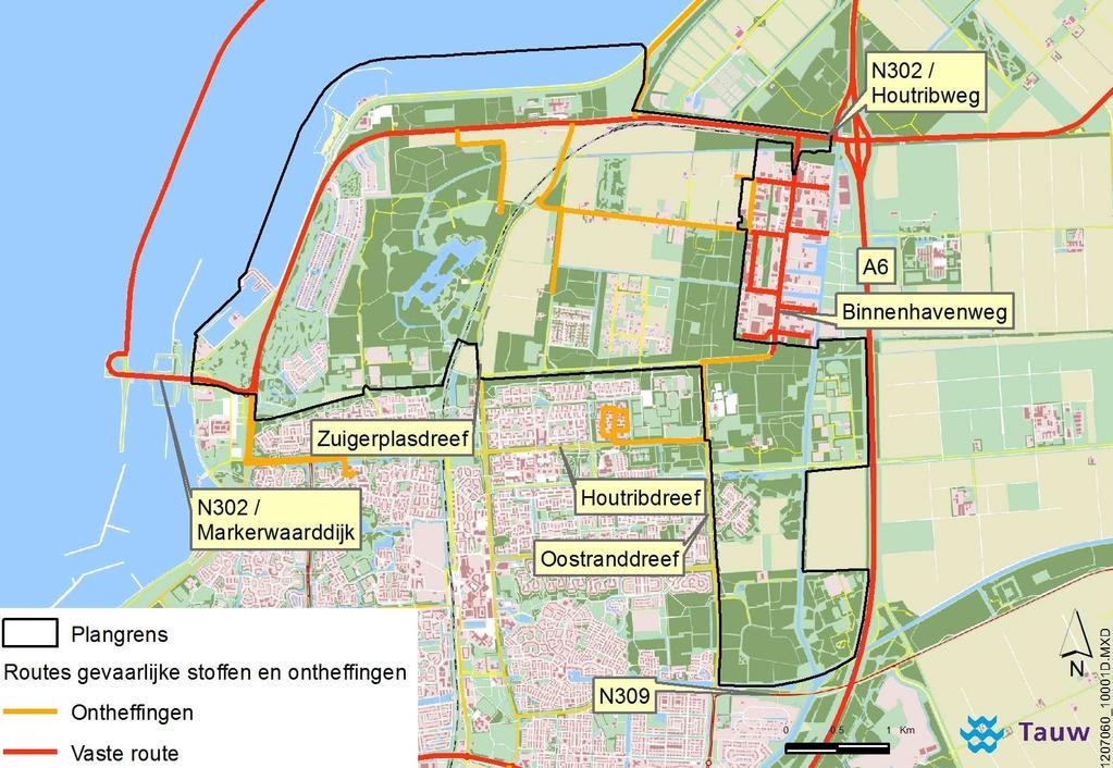 Figuur 3.1 Routes gevaarlijke stoffen en ontheffingen Voor het MER Flevokust zijn bovendien externe veiligheid berekeningen gedaan voor de A6 en de N302 Houtribweg.