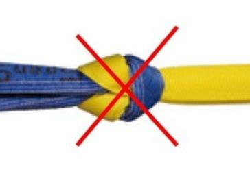 Hijsbanden en rondstroppen Het is niet toegestaan om hijsbanden / rondstroppen onderling samen te binden om de hijsleng te verlengen. Gebruik hiervoor een geschikt middel, zoals een haak: Afb.
