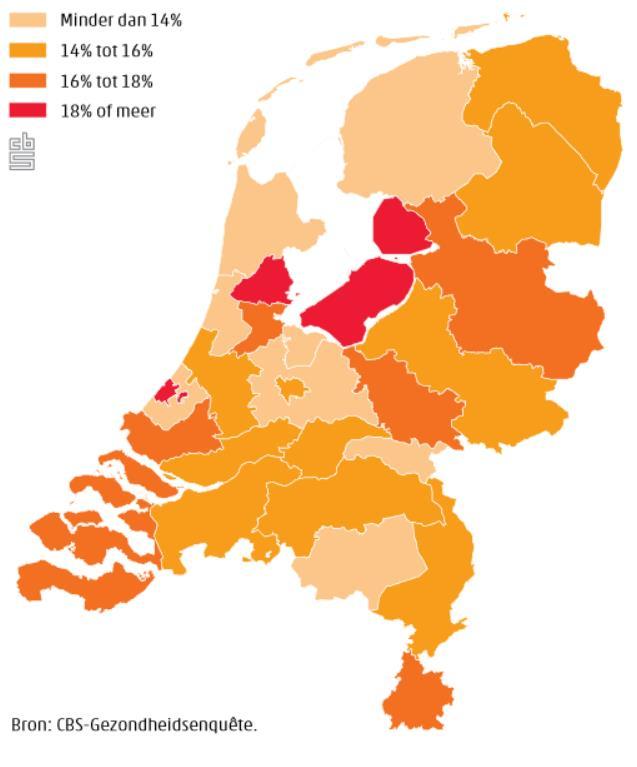 Figuur 3. Prevalentie overgewicht (links) en ernstig overgewicht (rechts) onder jongeren van 4 tot 25 jaar per regio in 2012