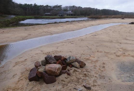 Zwerfsteen aan de voet van de spoordijk (foto Sander Koopman). Overzichtsfoto van het gebied waar de nieuwe zwerfsteenvondsten zijn gedaan, met de drie steenhopen.