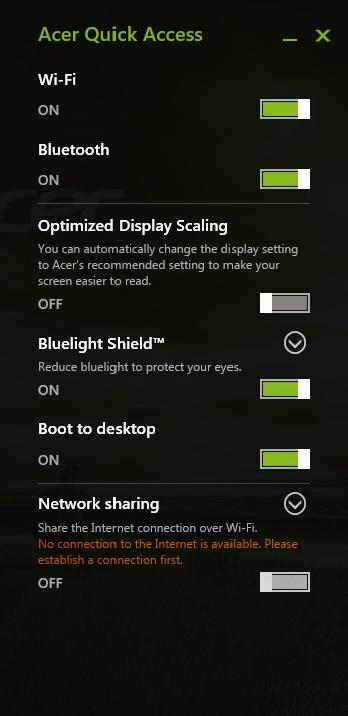 42 - Acer Bluelight Shield A CER BLUELIGHT SHIELD Acer Bluelight Shield kan worden geactiveerd om de uitstraling van blauw licht van het scherm te beperken om uw ogen te beschermen.