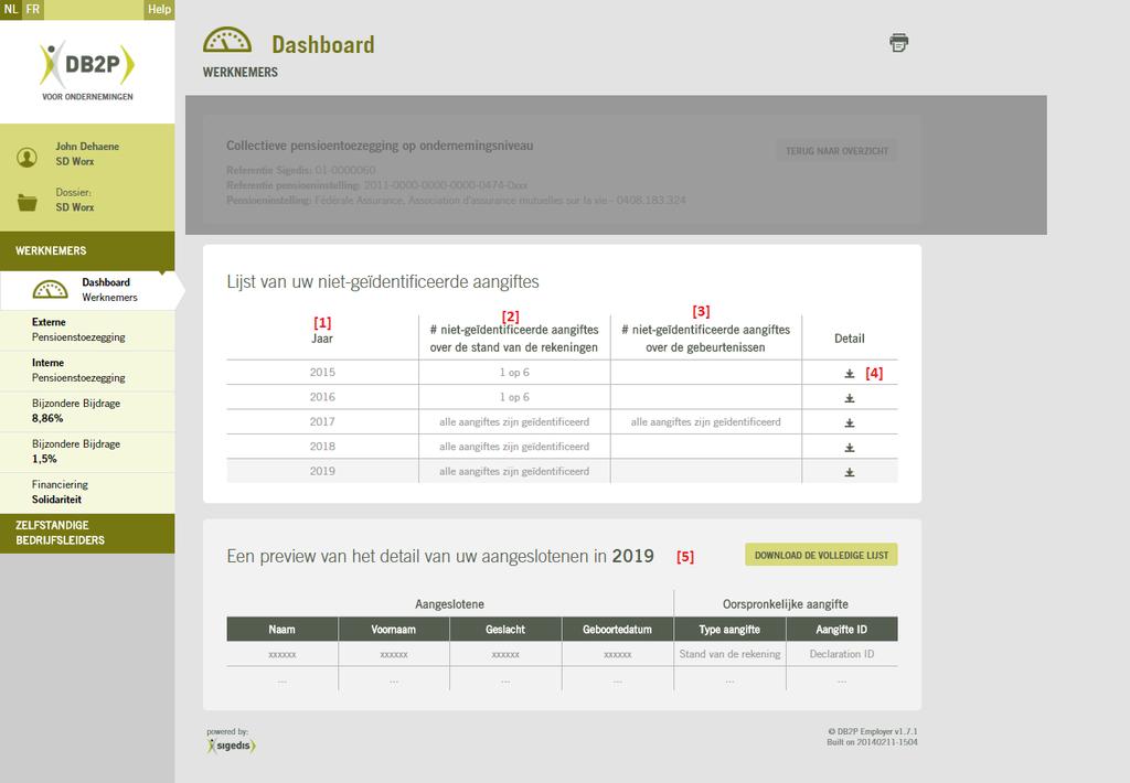 1.4 Lijst betreffende de niet geïdentificeerde aangiftes Dit scherm, toegankelijk via de hoofdpagina van het Dashboard, toont u een lijst van niet geïdentificeerde aangiftes over de stand van de