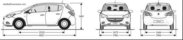 TECHNISCHE SPECIFICATIES OPEL CORSA 3-deurs 5-deurs BUITENAFMETINGEN in mm Lengte 4021 4021 Breedte met uitgeklapte / ingeklapte buitenspiegels 1944 / 1775 1944 / 1775 Hoogte (leeggewicht) 1479 1481