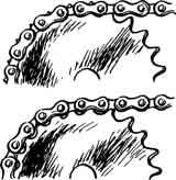 Fig. 2.5 Een versleten ketting (onder) gaat boven op de tanden lopen. Een goede ketting loopt onder in de tanden.