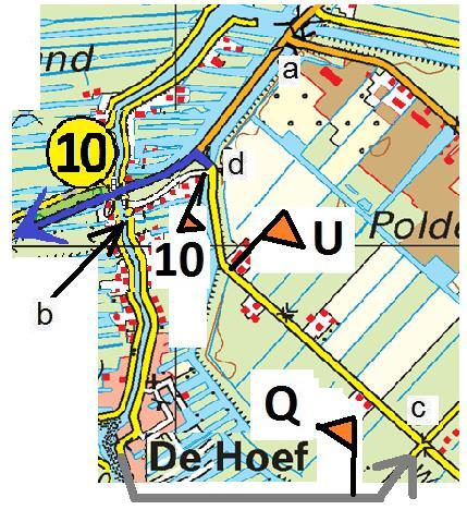 De route naar de voet van pijl 10 is pijl 10 een stukje mee rijden en door de tekst 0,5 (b) via de witte weg naar de voet van pijl 10.