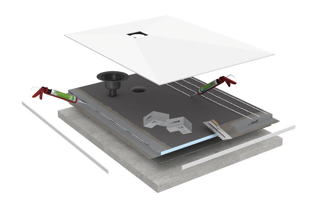 Systeembouw op de dekvloer 1 2 4 3 6 5 8 9 10 Gebruikte producten 1 Fundo Top montageklaar oppervlak voor wedi Fundo douchevloerelement 2 wedi Fundo afvoer hier met verticale afvoer DN 50 3 Fundo