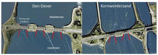 De twee spuicomplexen in de Afsluitdijk kunnen twee maal daags het overtollige zoete water richting de Waddenzee spuien.